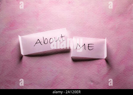 Close up of an About Me tag on paper Stock Photo