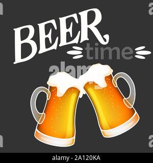 Hand drawn vector of two light beer mugs cheers and beer time lettering Stock Vector