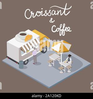 Isometric Coffee and croissant Cafe with script lettering. Coffee break Food Truck Delivery Master. Street Food Chef Infographic. 3D vector Stock Vector
