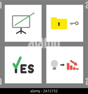 Vector icon concept set. Sales arrow moving out of chart, unlock or lock folder, yes with check mark, bad idea and decrease in sales. Stock Vector