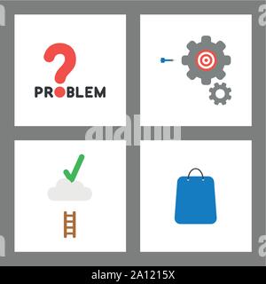 Vector icon concept set. Problem word with question mark, gears with bulls eye and dart, check mark on cloud with short ladder, shopping bag. Stock Vector