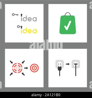 Vector icon concept set. Idea unlocked, shopping cart with check mark, bulls eye pieces connecting, plug plugged into outlet. Stock Vector