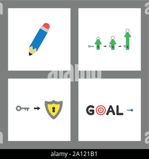 Vector icon concept set. Pencil, arrow up, unlock shield, goal bulls eye and dart. Stock Vector