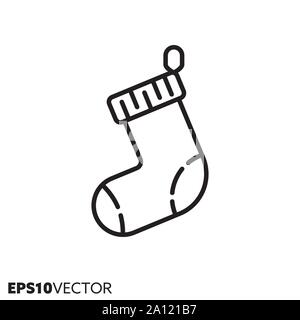 Christmas stocking line icon. Outline symbol of holidays and festive decoration. Seasonal ornament flat vector illustration. Stock Vector