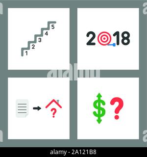 Vector icon concept set. Stairs with numbers, 2018 and bulls eye dart miss the target, written paper and house with question mark, dollar up and down Stock Vector