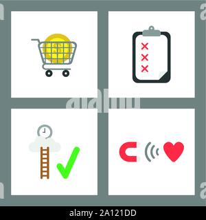 Vector icon concept set. Dollar money inside shopping cart, clipboard with x marks, reach clock on cloud, magnet attracting heart. Stock Vector