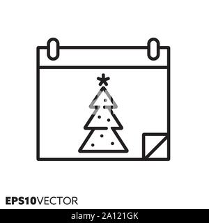 Christmas tree on calendar line icon. Outline symbol of Christmas holidays and festive decoration. Seasonal flat vector illustration. Stock Vector