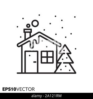 House in snow with christmas tree line icon. Outline symbol of Christmas holidays and festive decoration. Seasonal ornament flat vector illustration. Stock Vector