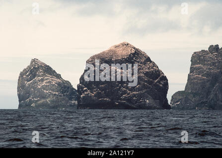 St Kilda. An island group lying some 40 miles out in the Atlantic Ocean.From the left  Stac An Armin, Stac Lee and Boreray. from the sea. Scotland. Stock Photo