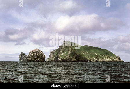 St Kilda. An island group lying some 40 miles out in the Atlantic Ocean.From the left  Stac An Armin, Stac Lee and Boreray. from the sea. Scotland. Stock Photo