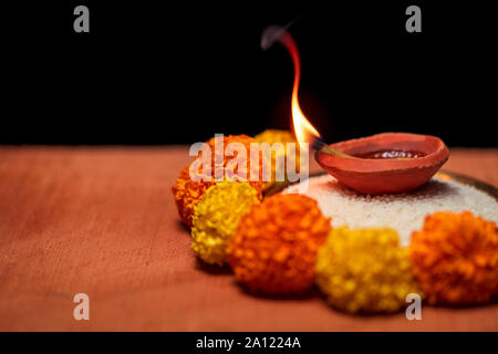 Diwali Diya, oil lamp beautifully decorated on the festive occasion of deepavali, deepawali. Beautiful stock photo with copy space of diwali diya Stock Photo