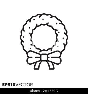 Christmas wreath with bow line icon. Outline symbol of Christmas holidays and festive decoration. Seasonal ornament flat vector illustration. Stock Vector