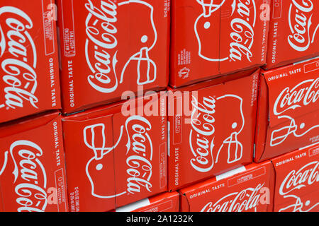 Marion - Circa September 2019: Cases of Coca Cola on display. Coke products are among the best selling soda pop drinks in the US Stock Photo