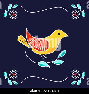 Vector color illustration of a bird, logo, line art. Embroidery pattern in folk style for ornament Stock Vector