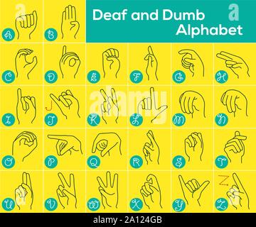 Vector illustration of Deaf and dumb alphabet, designation of English letters with hands, international ABC, American Sign Language ASL Stock Vector