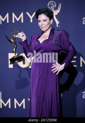 Los Angeles, USA. 22nd Sep, 2019. Actress Alex Borstein poses with the award for outstanding supporting actress in a comedy series for 'The Marvelous Mrs. Maisel' during the 71st Primetime Emmy Awards in Los Angeles, the United States, Sept. 22, 2019. Credit: Li Ying/Xinhua/Alamy Live News Stock Photo