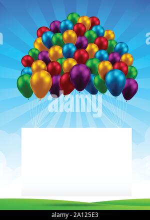 3D Bunches and groups of colorful shiny and gross balloons flying by helium gas against blue sky and green field, for a party, happy and celebrate dec Stock Vector