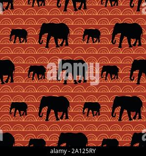 Cute seamless elephants pattern with geometric sunset background.  Stock Vector