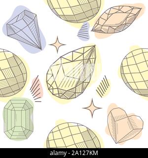 Seamless colorful diamond gemstones background on black. Jewels pattern. Stock Vector