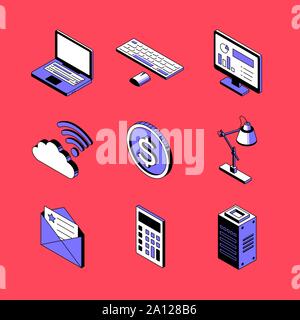 Office and technology - vector isometric icons set Stock Vector