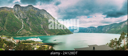 Panorama Of Eidfjord, Norway. Stockholm, Sweden. Touristic Ship Or Ferry Boat Boat Liner Moored Near Harbour In Summer Day. Aerial Panoramic View Of F Stock Photo