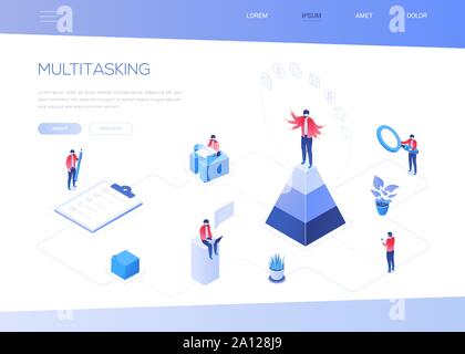 Multitasking concept - modern isometric vector web banner Stock Vector