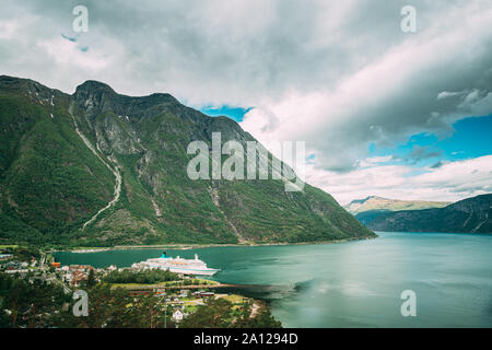Eidfjord, Norway. Stockholm, Sweden. Touristic Ship Or Ferry Boat Boat Liner Moored Near Harbour In Summer Day. Aerial View Of Famous Norwegian Landma Stock Photo
