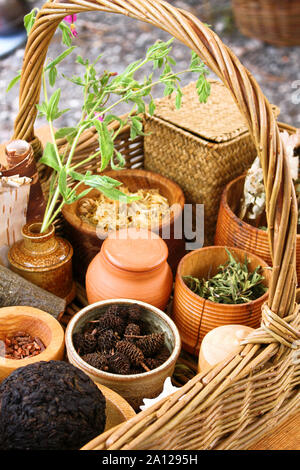Various dried meadow herbs and herbal tea in the basket. Stock Photo