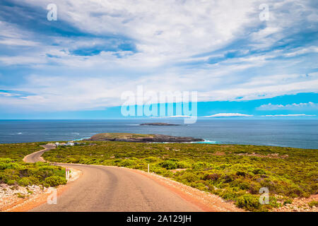 Cape Du Couedic Road viewed towards Admirals Arch lookout, Flinders Chase, Kangaroo Island, South Australia Stock Photo