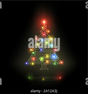Vector christmas tree from digital electronic circuit and colorful lights Stock Vector