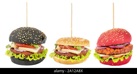 Set of three vegan sandwiches with colorful buns, soy meat burgers and vegetables isolated on white background Stock Photo