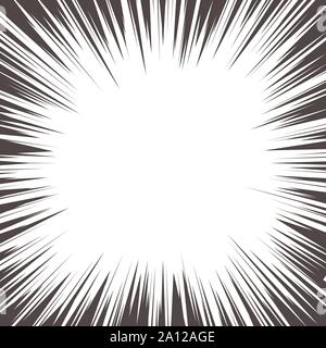 Comic book radial speed lines template. Manga speed frame. Cartoon explosion background. Superhero action. Monochrome vector illustration isolated on Stock Vector