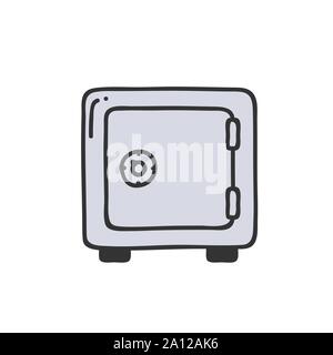 Metal bank safe icon in a flat style. Closed strongbox isolated on a colored background. Stock Vector
