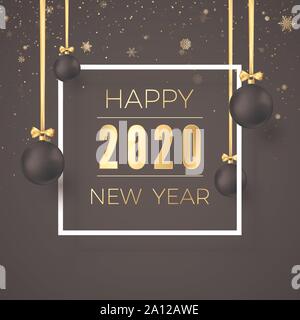 Template of New Year Greeting card. Golden text in white frame on dark background with Cristmas decoration. Vector illustration Stock Vector