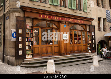 Illibrairie bookstore selling rare books on Grand-Rue in Geneva, Switzerland. Stock Photo