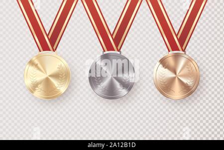 Golden Silver and Bronze medals with laurel hanging on red ribbon. Award symbol of victory and success. Vector illustration isolated on transparent ba Stock Vector