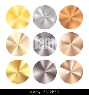 Golden Silver and Bronze radial gradient set. Collection of shiny bronze silvery and gold pattern. Realistic metallic foil. Vector illustration Stock Vector