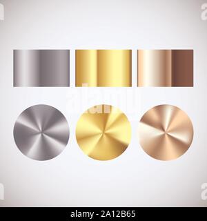 Golden Silver and Bronze radial gradient set. Collection of shiny bronze silvery and gold pattern. Vector illustration Stock Vector