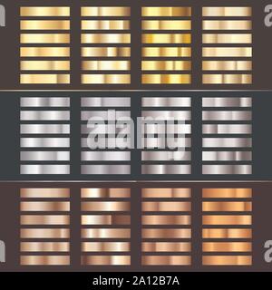 Golden Silver and Bronze gradient set. Collection of shiny bronze silvery and gold pattern. Realistic metallic foil. Vector illustration Stock Vector