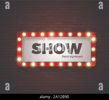 Retro signboard with lights. Advertising banner on brick wall. Vector illustration Stock Vector