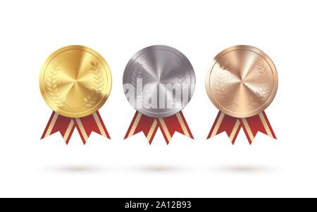 Set of Awards. Golden Silver and Bronze medals with laurel hanging and red ribbon. Award symbol of victory and success. Vector illustration Stock Vector