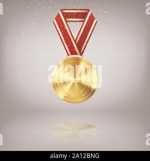 Golden medal with laurel and red ribbon. Gold award symbol of victory and success. Golden Medal on grey background with reflection. Vector illustratio Stock Vector