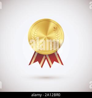 Golden medal red ribbon. Gold award symbol of victory and success. Vector illustration on white background Stock Vector