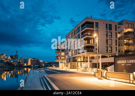 Oslo, Norway - June 25, 2019: Night View Embankment And Residential Multi-storey House On Sorengkaia Street In Gamle Oslo District. Residential Area I Stock Photo