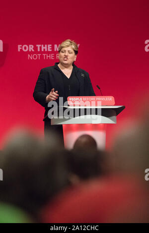 Labour Party Annual Conference 2019, Brighton Centre, Brighton, England, UK. 23rd. September, 2019. Emily Thornberry MP Shadow Foreign Secretary speaking on International affairs at the Labour Party Annual Conference 2019 Credit: Alan Beastall/Alamy Live News. Stock Photo