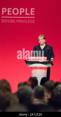 Labour Party Annual Conference 2019, Brighton Centre, Brighton, England, UK. 23rd. September, 2019. Emily Thornberry MP Shadow Foreign Secretary speaking on International affairs at the Labour Party Annual Conference 2019 Credit: Alan Beastall/Alamy Live News. Stock Photo