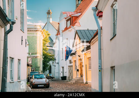 Tallinn, Estonia - July 1, 2019: Porsche 930 Car Parked In Old Narrow Street. It is a sports car manufactured by German automobile manufacturer Porsch Stock Photo
