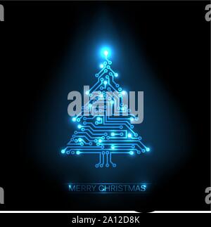Vector christmas tree from digital electronic blue circuit and lights Stock Vector