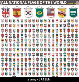 All national flags of the world . 3D realistic pennant hanging design . White isolated background . Vector . Stock Vector