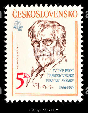 Czechoslovakian postage stamp (1988): Alfonse Mucha (1860-1939) 'Designer of the first Czechoslovakian postage stamp' Stock Photo